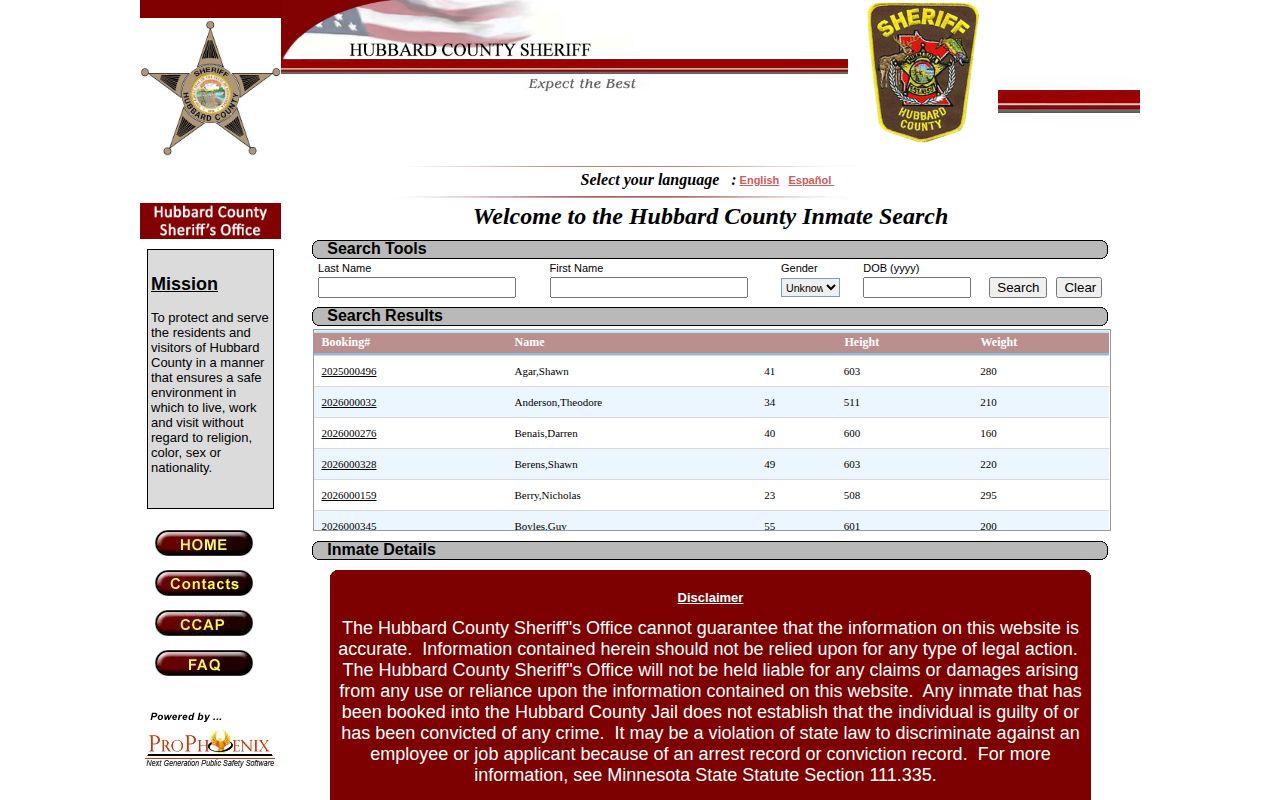 Hubbard County current custody locator used before a released inmate search