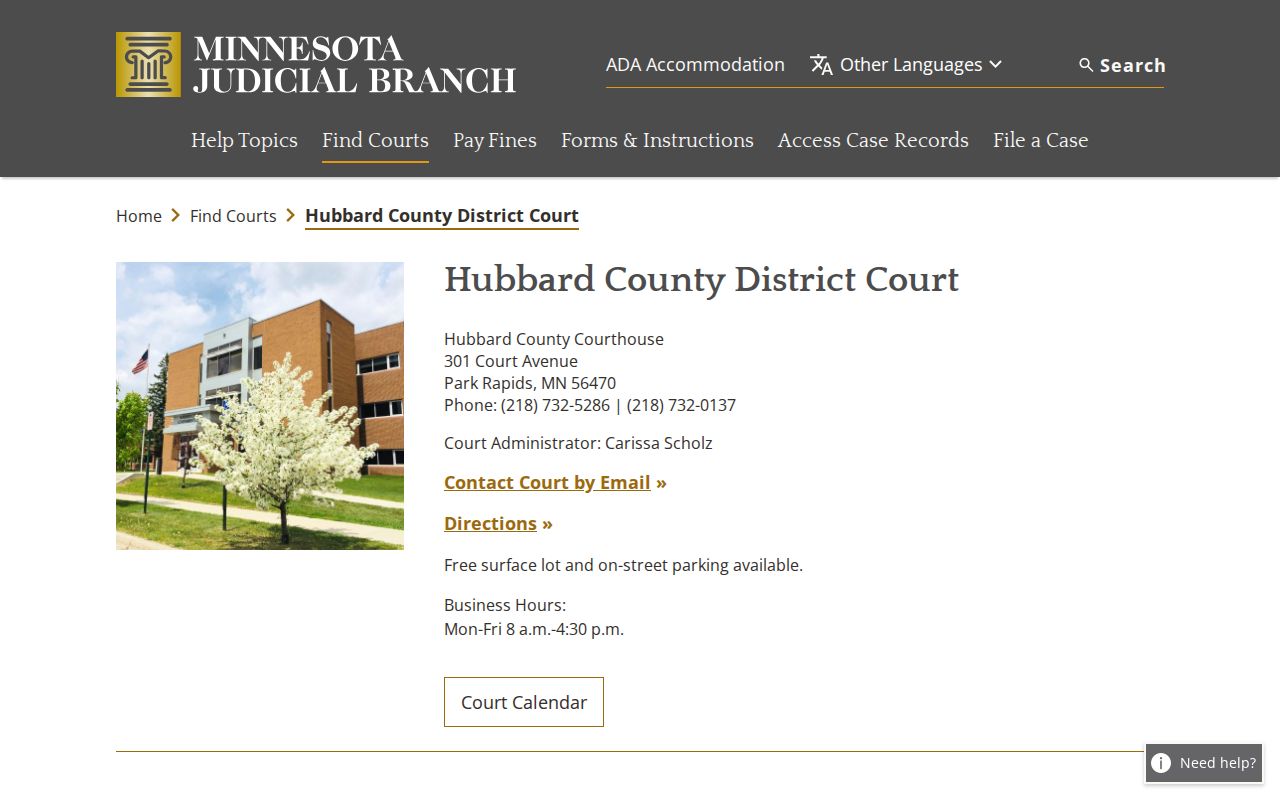 Hubbard County court source for release orders and case records
