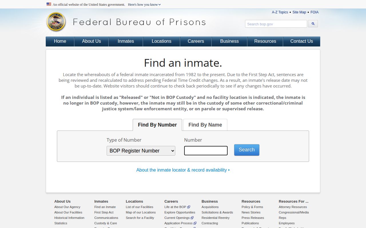 Federal BOP locator for a Hubbard County released inmate record