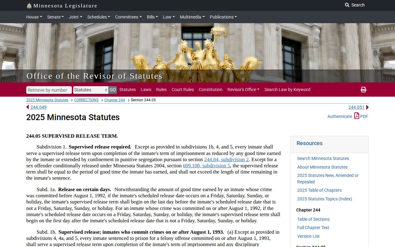 Minnesota supervised release statute for Hubbard County projected release dates