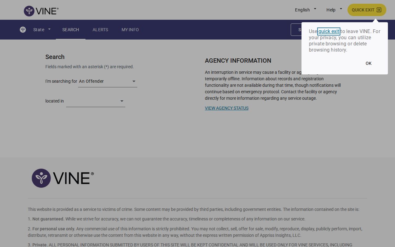 VINELink help for Hubbard County release notification registration and PIN